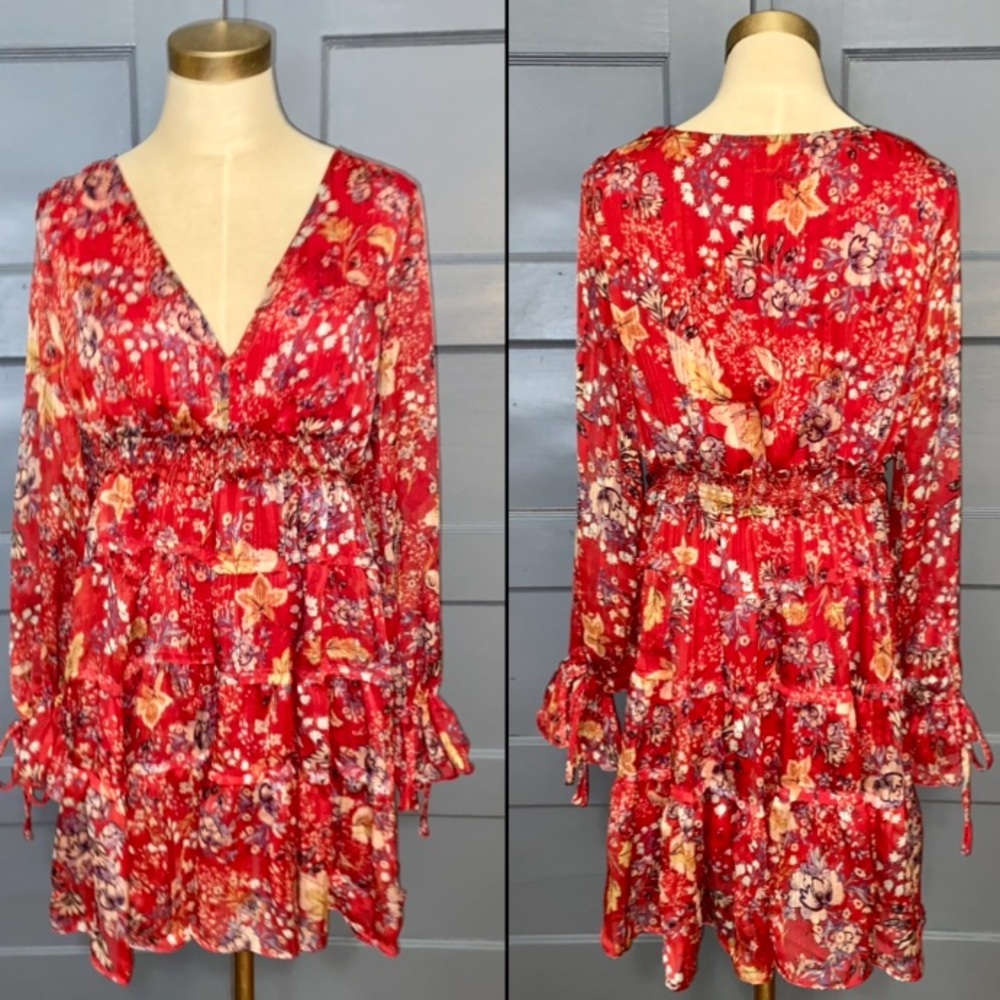 Free People Closer To The Heart Mini Dress Floral Tiered Bell Sleeve Boho 70s - Picture 3 of 5
